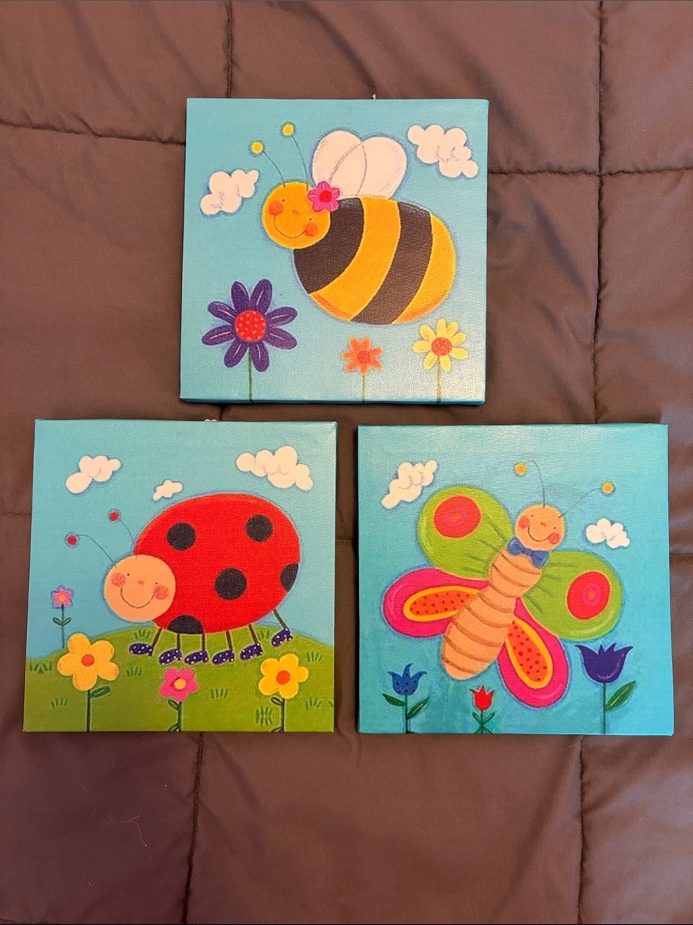 Whimsical Bee, Ladybug & Butterfly Canvas Decor Trio - Bright Blue, Red, Yellow